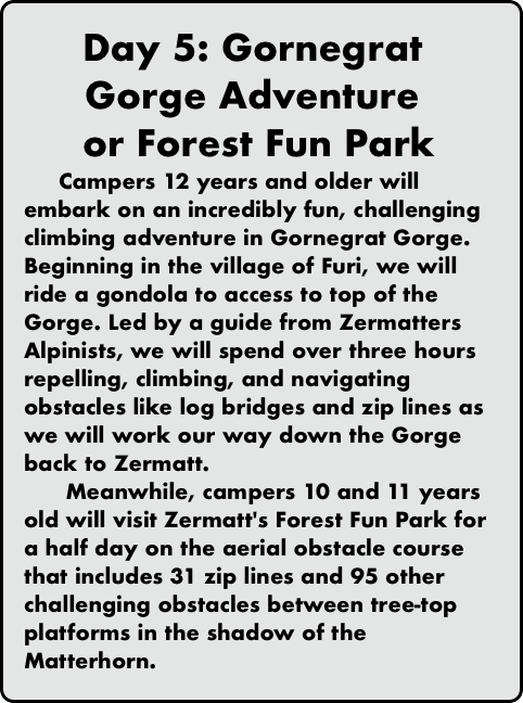 Day 5: Gornegrat Gorge Adventure 
or Forest Fun Pa